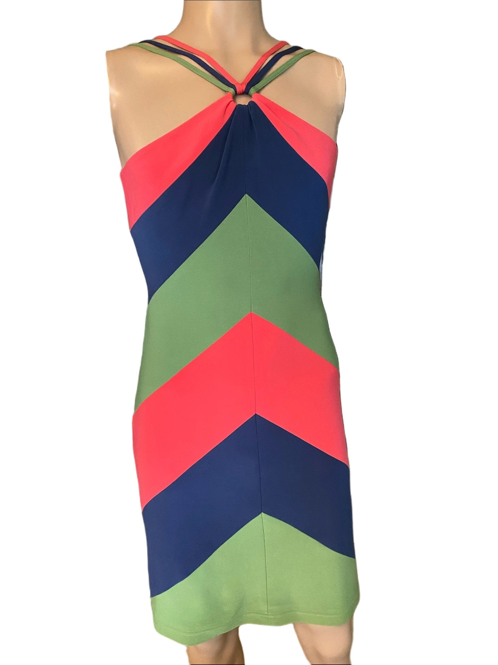 Joseph Ribkoff vintage Coral, Navy & Olive Chevron Halter Mini Dress